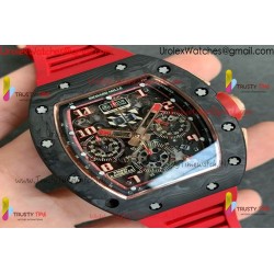 RM011 RG CASE CARBON BEZEL CHRONOGRAPH KVF 1:1 BEST EDITION SKELETON DIAL RED/RG ON RED RUBBER STRAP A7750