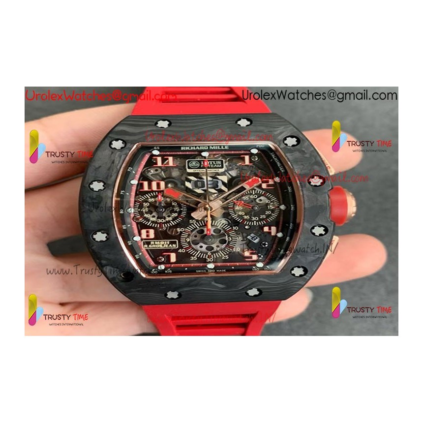 RM011 RG CASE CARBON BEZEL CHRONOGRAPH KVF 1:1 BEST EDITION SKELETON DIAL RED/RG ON RED RUBBER STRAP A7750 RM011 RG CASE CARBON BEZEL CHRONOGRAPH KVF 1:1 BEST EDITION SKELETON DIAL RED/RG ON RED RUBBER STRAP A7750