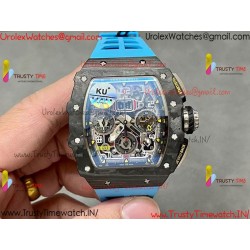 RM011 RG Black Case Carbon Fiber Bezel Chronograph KVF 1:1 Best Version Skeleton Dial Blue / Blue Rubber Strap A7750