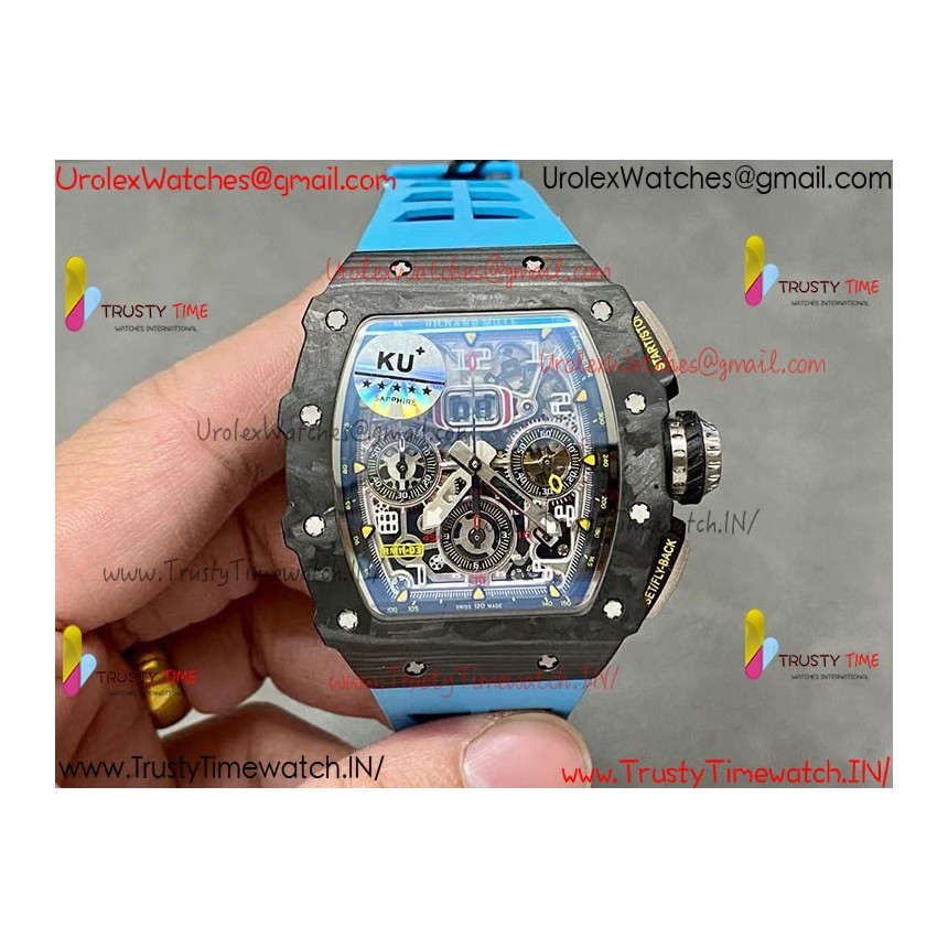 RM011 RG Black Case Carbon Fiber Bezel Chronograph KVF 1:1 Best Version Skeleton Dial Blue / Blue Rubber Strap A7750