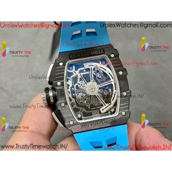 RM011 RG Black Case Carbon Fiber Bezel Chronograph KVF 1:1 Best Version Skeleton Dial Blue / Blue Rubber Strap A7750