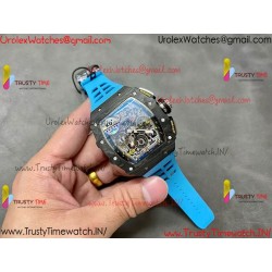 RM011 RG Black Case Carbon Fiber Bezel Chronograph KVF 1:1 Best Version Skeleton Dial Blue / Blue Rubber Strap A7750