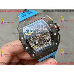 RM011 RG Black Case Carbon Fiber Bezel Chronograph KVF 1:1 Best Version Skeleton Dial Blue / Blue Rubber Strap A7750
