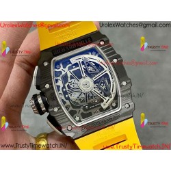 RM011 RG Black Case Carbon Bezel Chronograph KVF 1:1 Best Version Skeleton Dial Yellow / Yellow Rubber Strap A7750