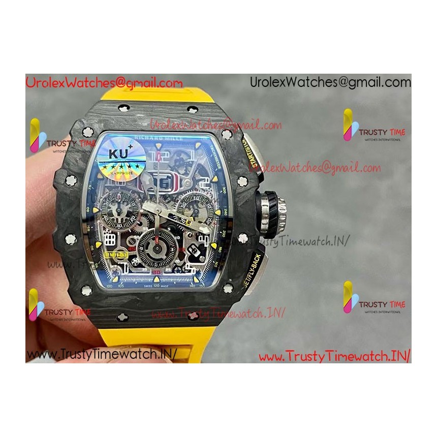 RM011 RG Black Case Carbon Bezel Chronograph KVF 1:1 Best Version Skeleton Dial Yellow / Yellow Rubber Strap A7750 RM011 RG Black Case Carbon Bezel Chronograph KVF 1:1 Best Version Skeleton Dial Yellow / Yellow Rubber Strap A7750
