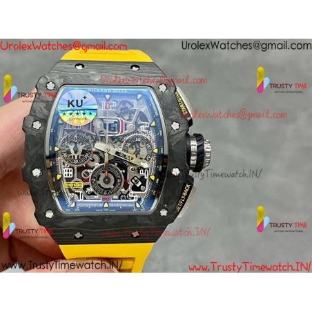 RM011 RG Black Case Carbon Bezel Chronograph KVF 1:1 Best Version Skeleton Dial Yellow / Yellow Rubber Strap A7750