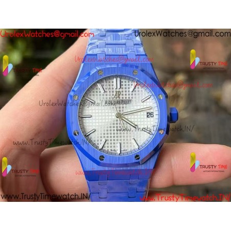 ROYAL OAK 15500 BLUE CERAMIC APSF 1:1 BEST EDITION SILVER DIAL ON BLUE CERAMIC BRACELET SA4302 SUPER CLONE