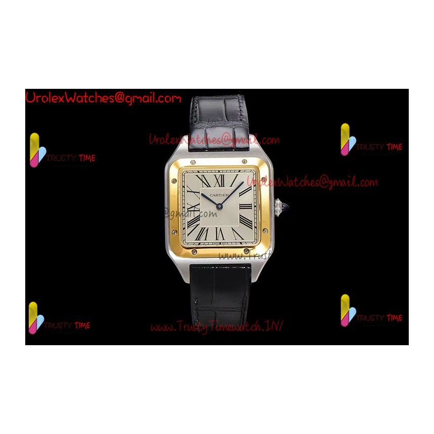 Cartier Santos-Dumont 43mm White Dial YG/SS Black Leather Strap Swiss Quartz Movement