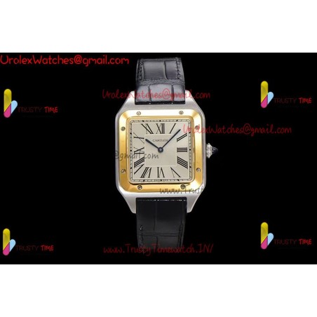 Cartier Santos-Dumont 43mm White Dial YG/SS Black Leather Strap Swiss Quartz Movement